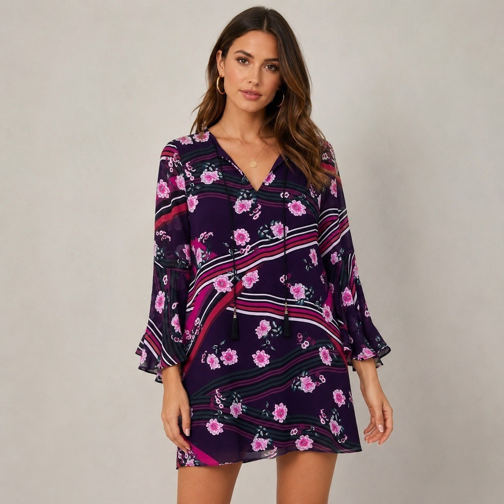 Vince Camuto Floral Stripe Bell Sleeve Tassel Shift Dress Plum 6 Boho Chic Mini
